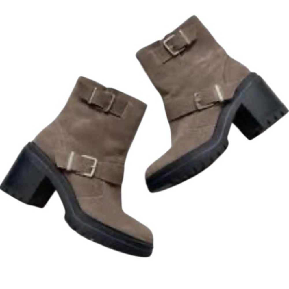 Kenneth Cole Taupe Suede Buckle Lug-Heel Ankle Boot Size 9